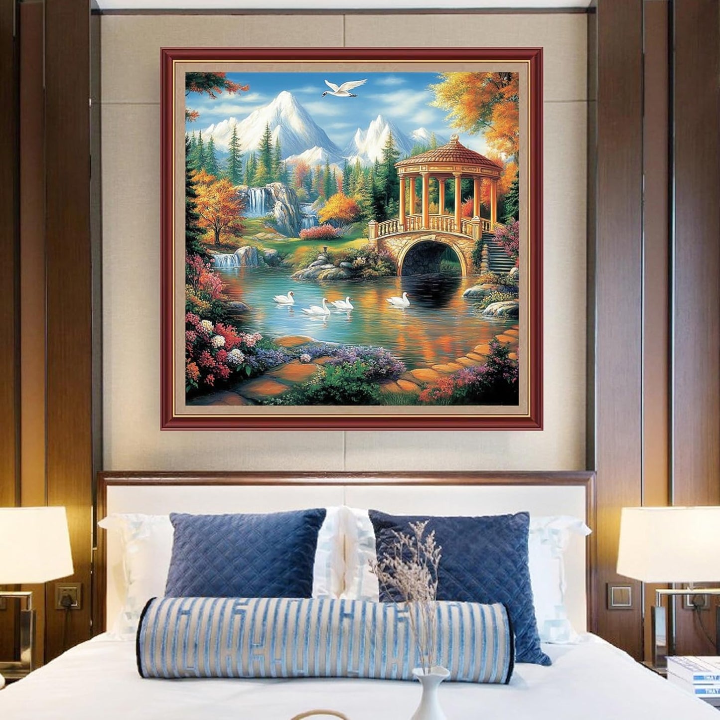 DMCXART Counted Cross Stitch Kits for Adults Needlepoint Kits Unprinted Cross Stitching Embroidery Kit 11CT Cross Stitch Supplies-Swan Lake Scenery 18x18 inch