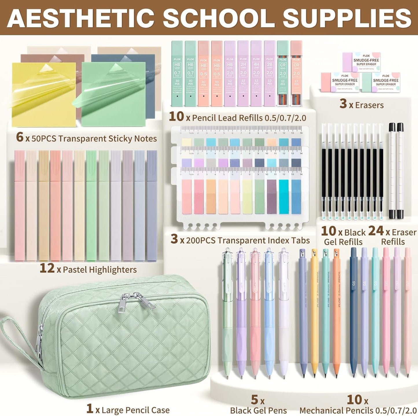 62PCS Aesthetic School Supplies with Cute Pencil Case, Pastel Highlighters Black Ink Gel Pens Mechanical Pencils Kit, Back to School Supplies College Essentials Preppy Stationary Set for Student Girls