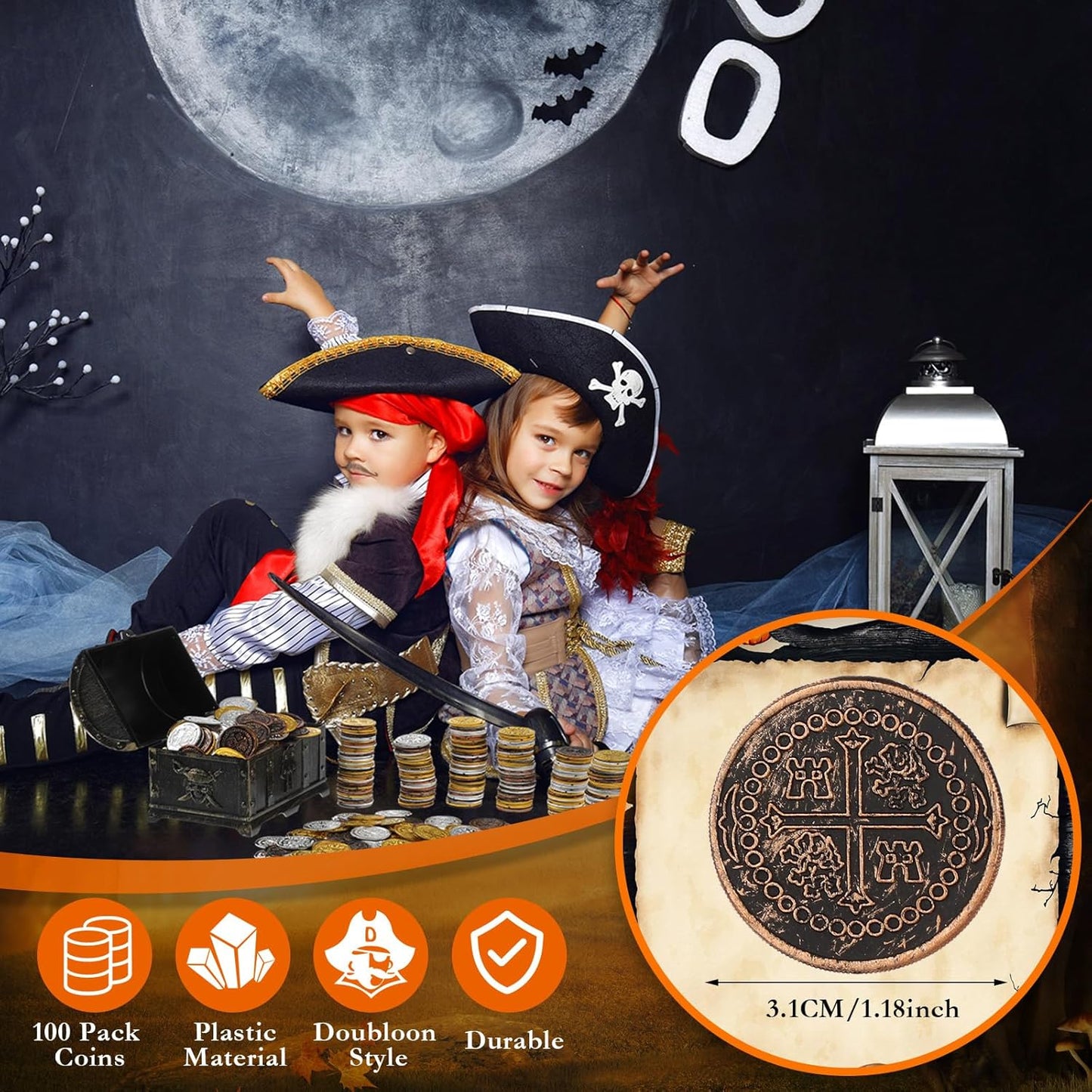 Hanaive 100 Pcs Pirate Coins Plastic Kids Fake Play Replica Spanish Doubloons St. Patrick's Coin for Pirate Party Treasure Chest Board Games Tokens Toys Cosplay (Gold, Silver, Bronze,Round)