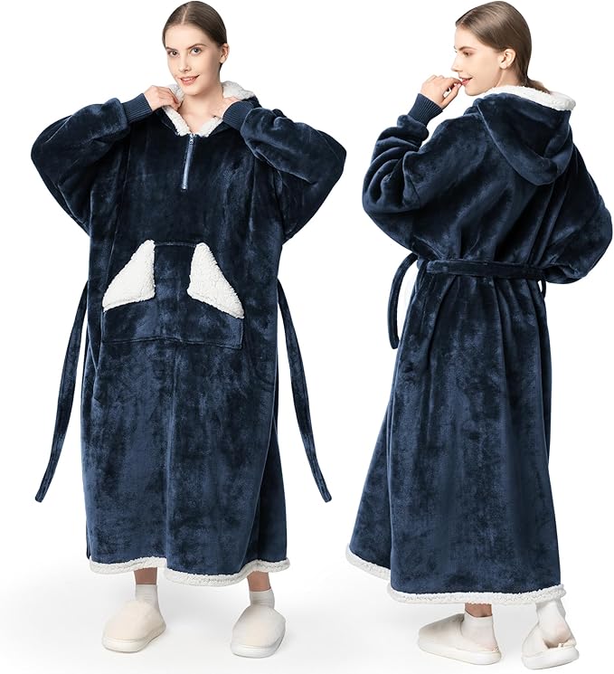 Wearable Blanket Hoodie as Gifts for Women, Long Sherpa Fleece Hooded Blankets with Oversize Hood and Pocket, Warm and Cozy Sweatshirt with Belt, Winter Gift