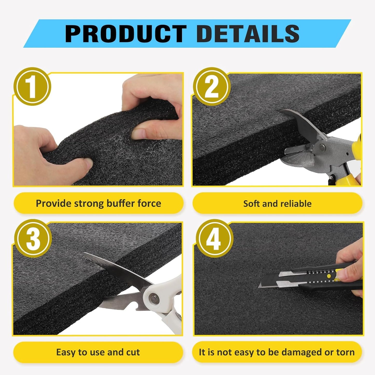 4 Pcs Black Polyurethene Foam Sheets,2 Sizes Cuttable Packing Foam Block Foam Padding for Packing and Crafts,Toolbox Storage(12 x 16 x 1 in,12 x 16 x 0.5 in)
