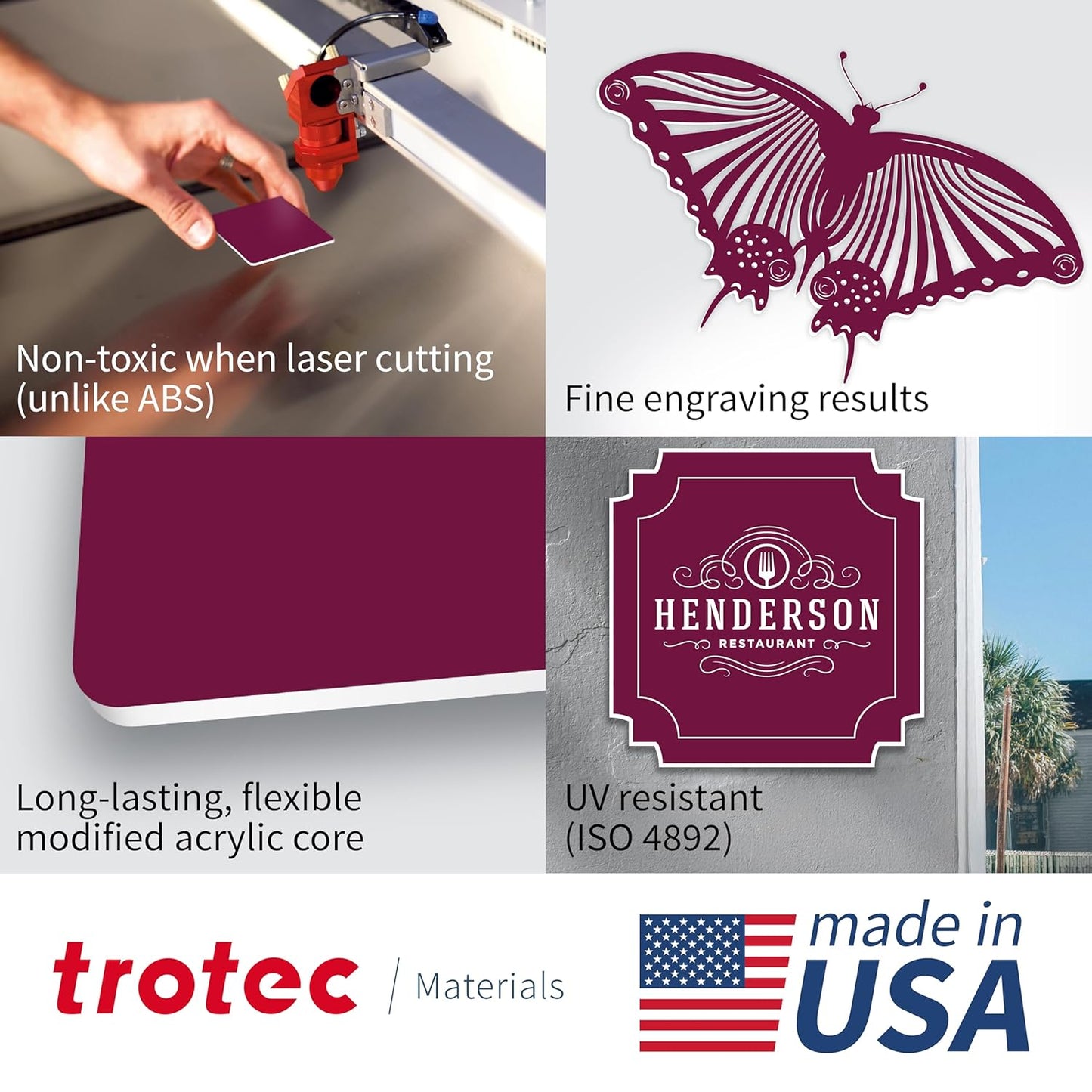 Trotec TroLase | 12"x24"x1/16", 4 Pcs | Burgundy/White | 2 Ply | Modified Acrylic | Laser Engraving Double Color Plastic Sheet | Engraving Blanks for Laser, Saw, Guillotine | Made in USA