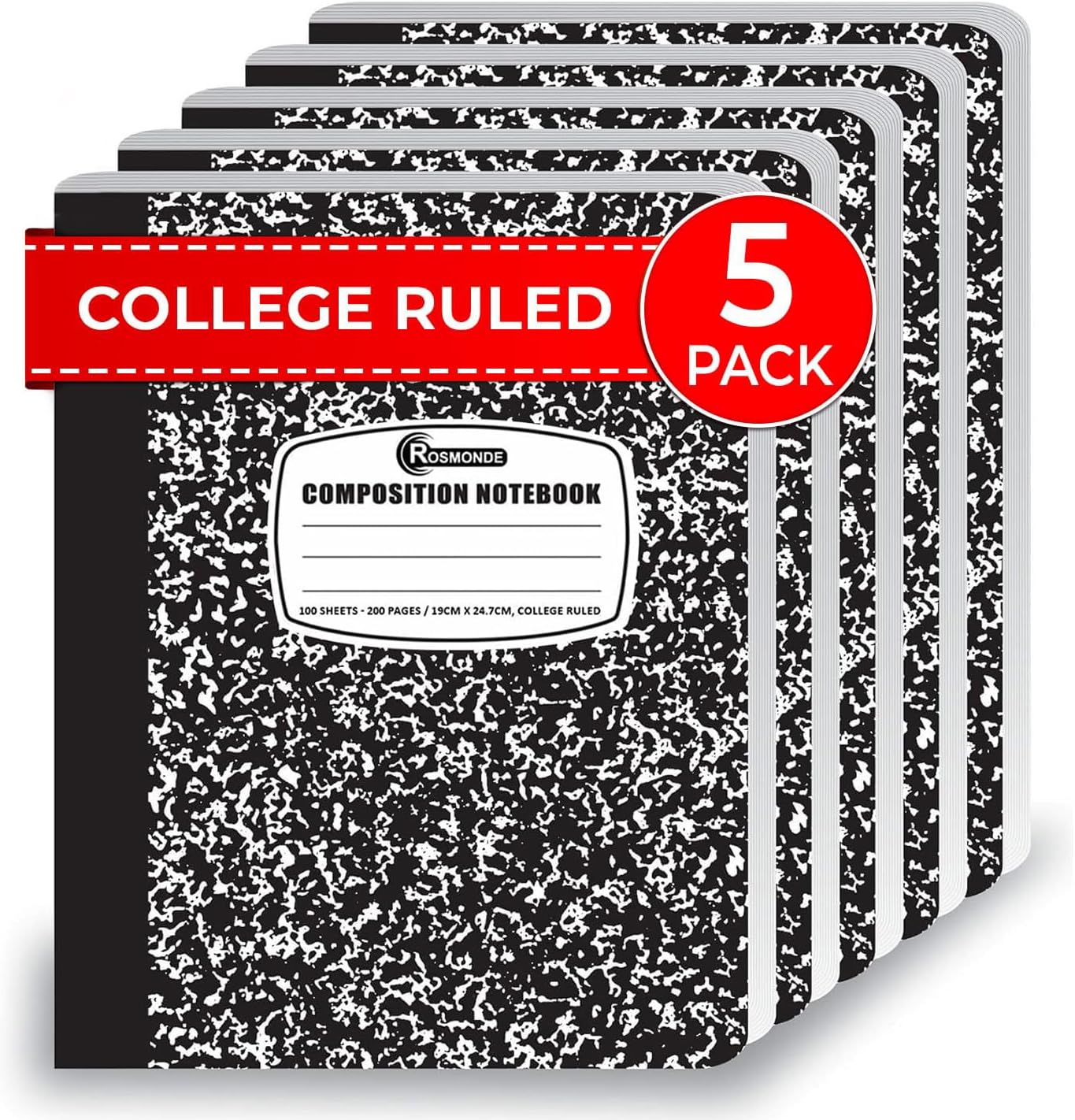 Rosmonde College Ruled Composition Notebooks 5 Pack, 200 Pages (100 Sheets), 9-3/4" x 7-1/2", White & Black Marble Composition Book, Hard Cover, Sturdy Sewn Binding, School, College & Office Supplies
