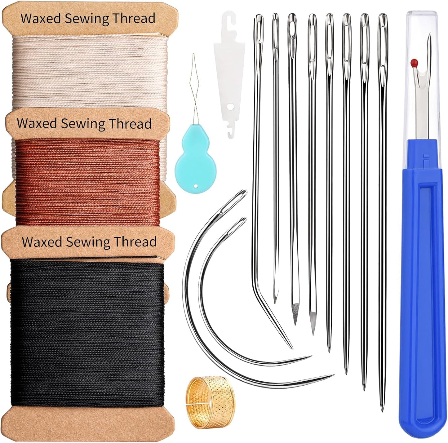 KAQRHFT Upholstery Repair Kit and Upholstery Needle, 0.55mm 98 Yard Waxed Thread with 8 Pcs Heavy Duty Leather Needles for Hand Stitching, Canvas & Quilting - Round Waxed Cord- Black/Brown/Beige