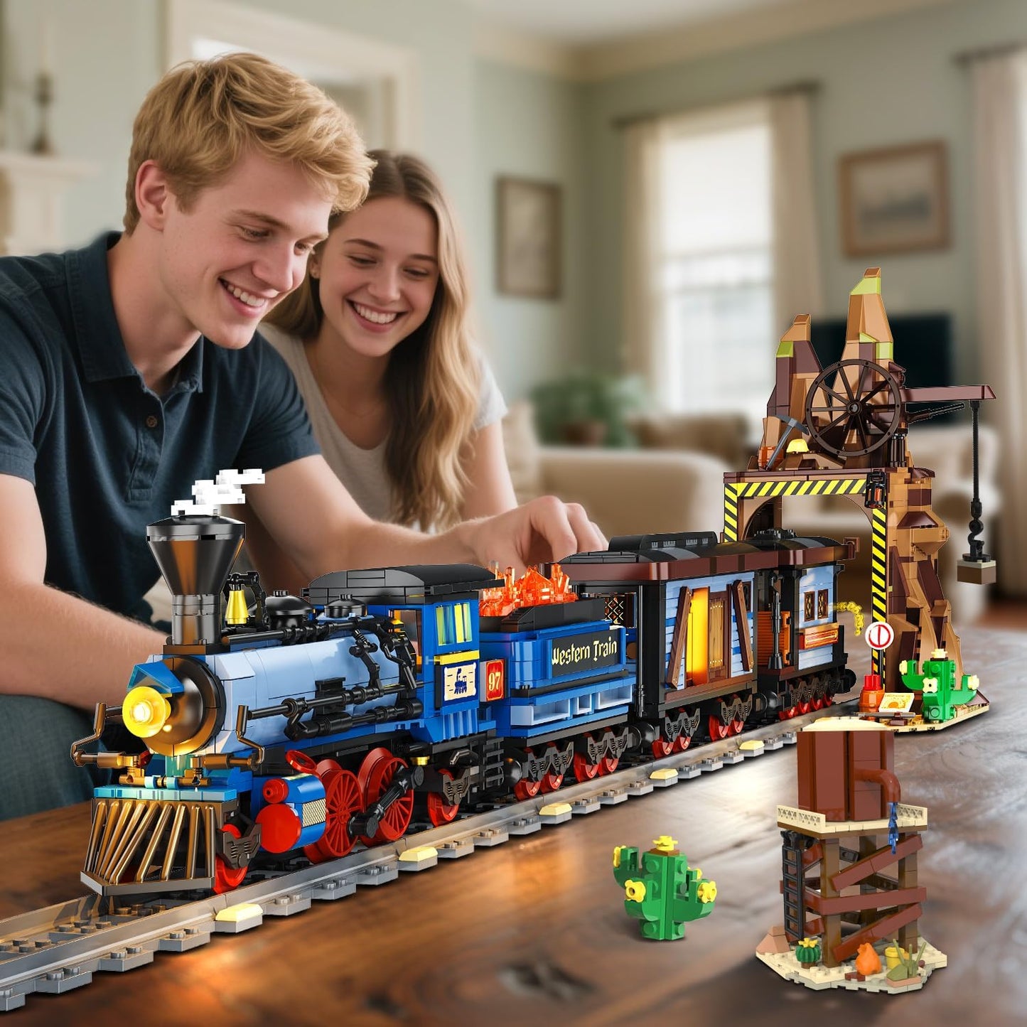 Western Train Building Set with Lights, 1912 PCS West Trains Static Display Model Toy with Tracks Windmill Water Tower, Home Office Decor Building Blocks for Adults Teens Big Boys Girls 12+