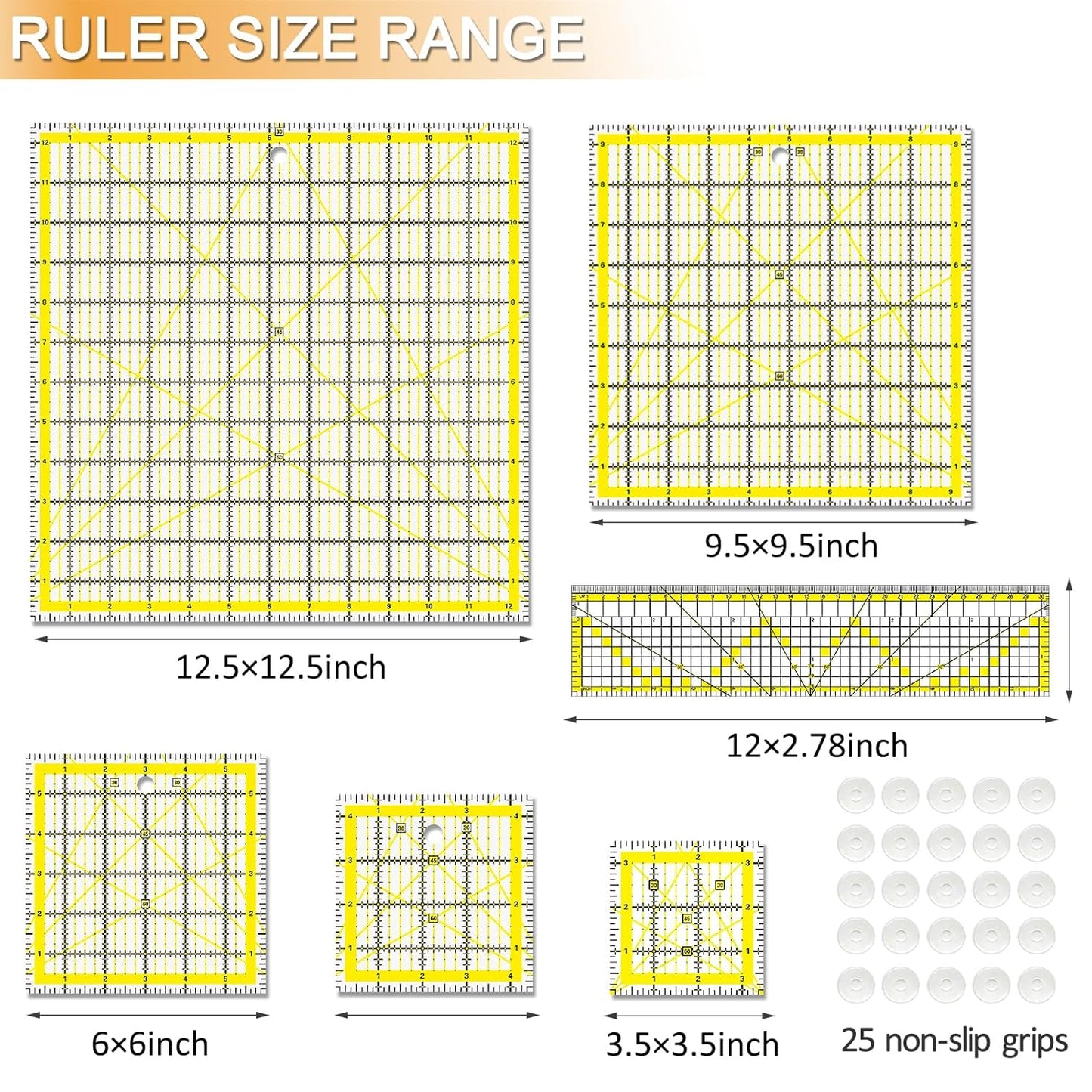 Quilting Rulers, Sewing Ruler (2.78"x12", 3.5", 4.5", 6", 9.5", 12.5"), Acrylic Ruler for Cutting Fabric, Rulers for Quilting and Sewing, Non Slip Sewing Supplies