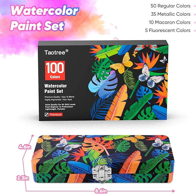 Taotree Watercolor Paint Set 100 Colors, Art Supplies Watercolors Kit Travel Water Colors with 3 Paints Brushes, Crafts Painting Supplies, Drawing Christmas Gifts for Adults Artist Drawing, Painting