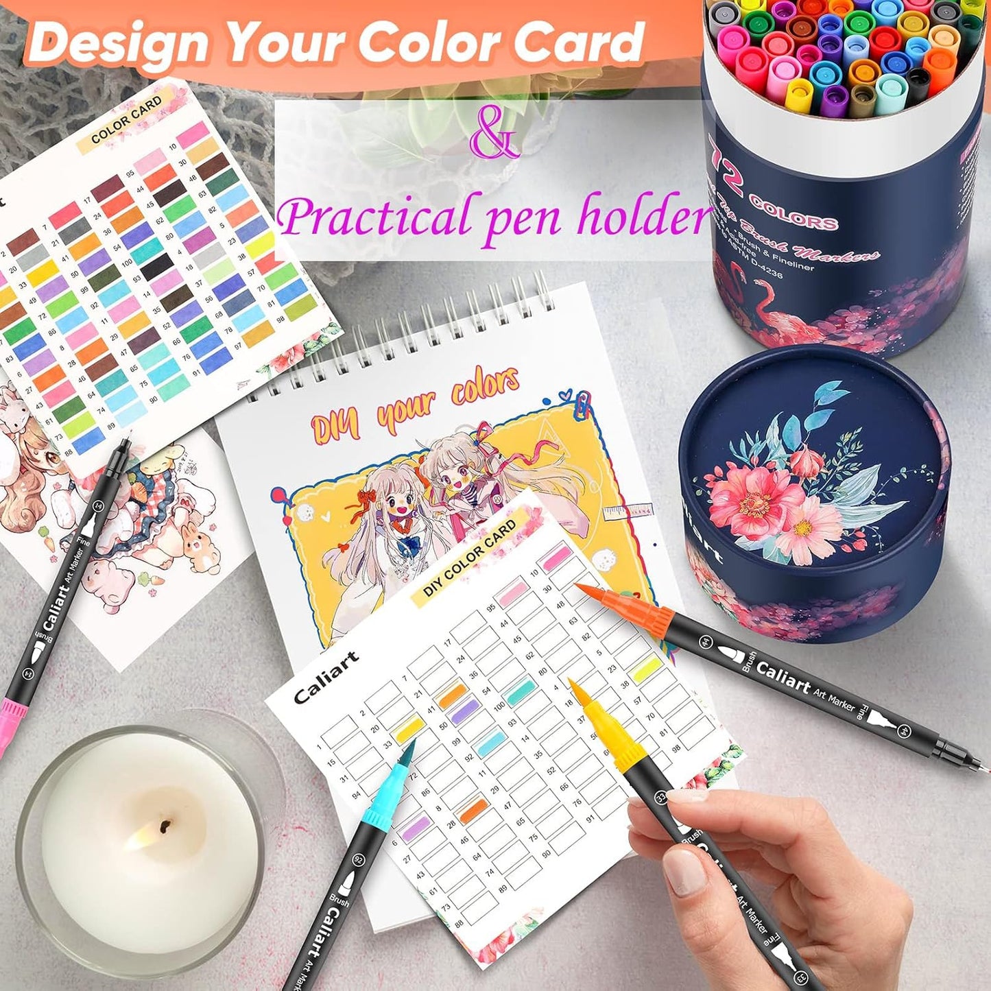 Caliart 72 Colors Double Tip Brush Pens Art Markers, Artist Fine & Brush Pen Coloring Markers for Adult Book Cards Drawing Craft Kit Teacher Office Supplies