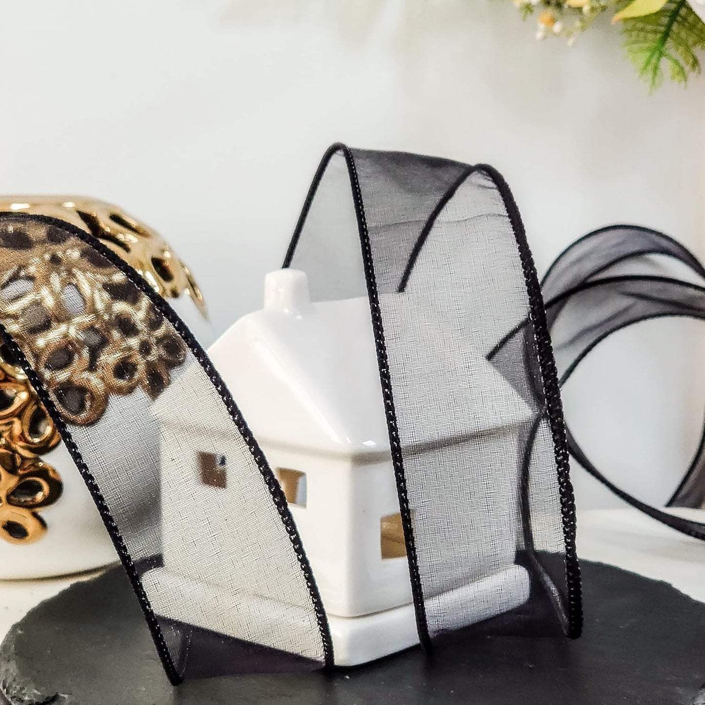 CT CRAFT LLC Sheer Organza Wired Ribbon 1.5" x 50Yards Black for Wedding Chair Bow Flora Bouquet Gift Wrapping Christmas Tree Home Decor Wreath