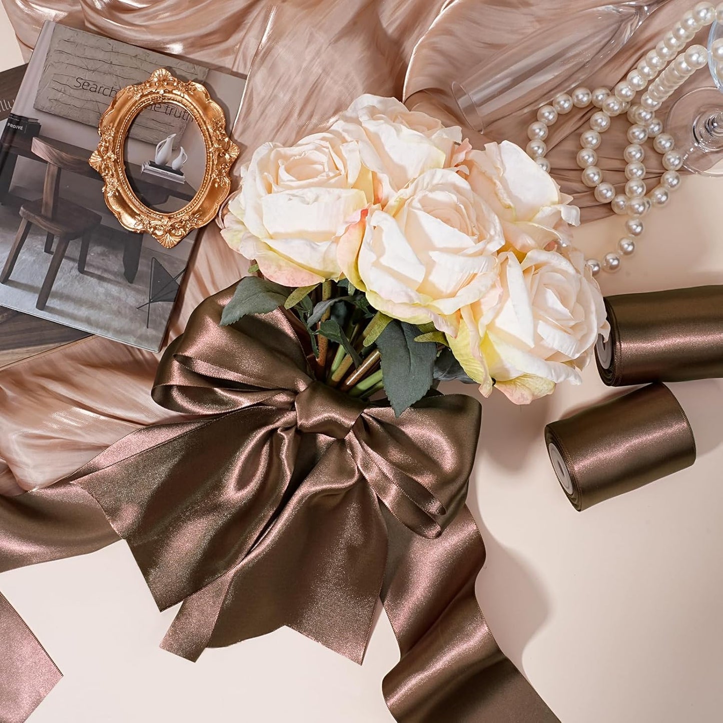 LaRibbons Brown Satin Ribbon 3 Inch 10 Yards Double Faced Luxury Mocha Silk Ribbon for Gift Wrapping Flower Bouquets Bow Christmas Wedding Party Decoration