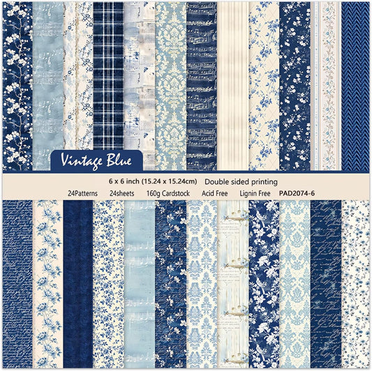 6 Inch Blue Floral Aesthetic Scrapbooking Paper Pad - 24 Sheets Double Sided Patterns for Background Photos Junk Journal Card Making Origami DIY Crafts Gifts Wrapping Material
