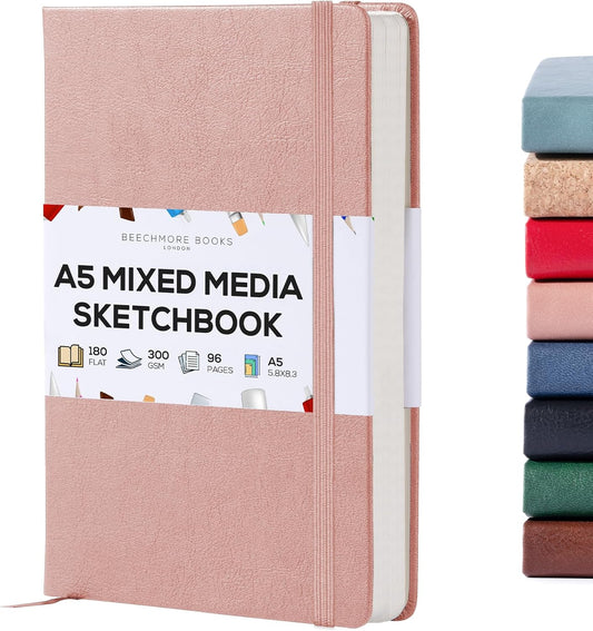 Beechmore Books A5 Sketch Book – 5.8"x8.3" Premium Vegan Leather Hardcover Sketchbook, 96 Thick 300gsm Perforated Ivory Pages, Ideal for Sketching, Watercolor & Mixed Media, Includes Back Pocket