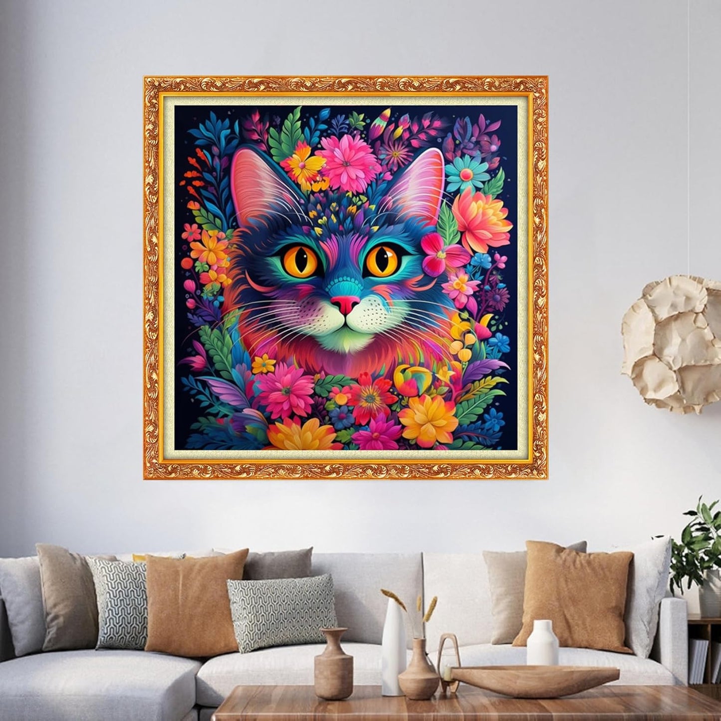 Foxhool Beginners Cross Stitch Kits Stamped Full Range of Embroidery Kits for Adults DIY Cross Stitches kit Embroidery Patterns for Needlepoint kit-Colorful Flower Cat 17.7x17.7 inch
