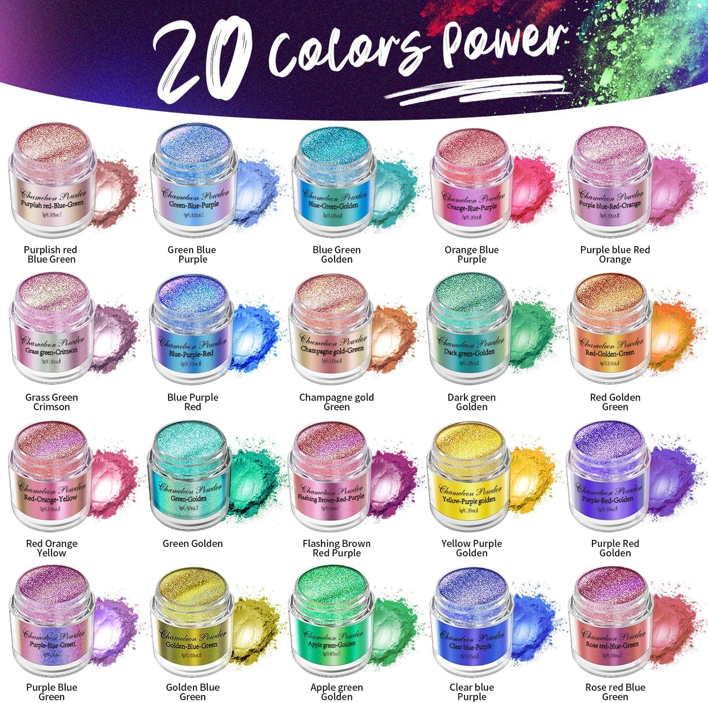 20 Colors Chameleon Mica Powder, 20 * 3g Color Shift Resin Pigment Powder for Epoxy Resin, Painting, Soap Making, Bath Bombs, Candle Making, Slime, Jewelry DIY Accessories(0.1oz/jar)