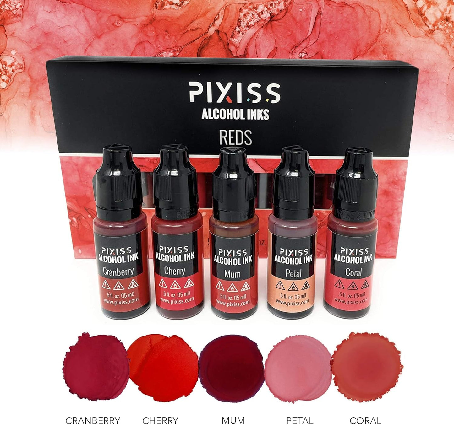 Pixiss Red Alcohol Ink Set - 5 Shades of Highly Saturated Alcohol Ink for Epoxy Resin Supplies, Yupo Paper, Tumblers, Coasters - Resin Colorant for Epoxy Resin and Resin Art Supplies