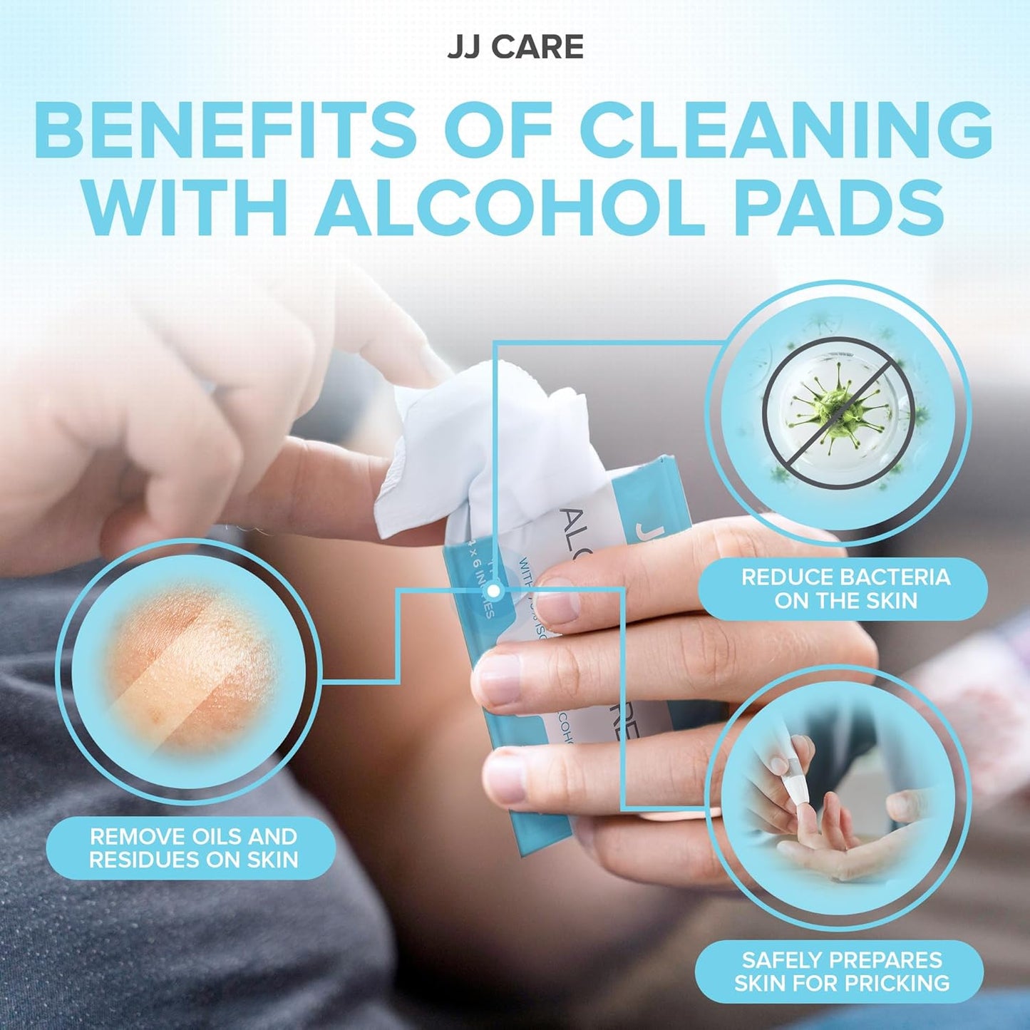 JJ CARE Large Alcohol Prep Pads [Pack of 120], 4 x 6" Sterile Prep Pads Individually Wrapped, 70% Isopropyl Alcohol Wipes, 2 Ply First Aid Swabs, Perfect for Medical, First Aid Kit & Home