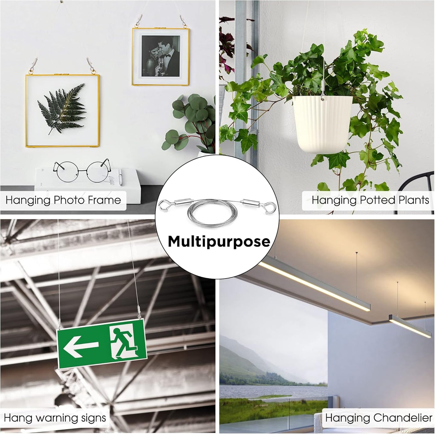 4PCS Picture Hanging Wire Kit Supports 66lbs,Hanging System with Adjustable Photo Hook and 2.5m x1.5mm Stainless Steel Wire Rope for Hanging Frame Picture Photo Mirror Artwork Light Flowerpot