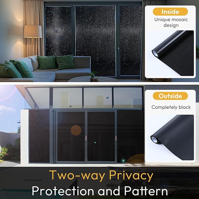 rabbitgoo Window Privacy Film Blackout Mosaic Static Cling Decorative, Removable Rainbow Window Film, Non-Adhesive Heat Control UV Blocking for Bathroom, 17.5 x 78.7 inches Black