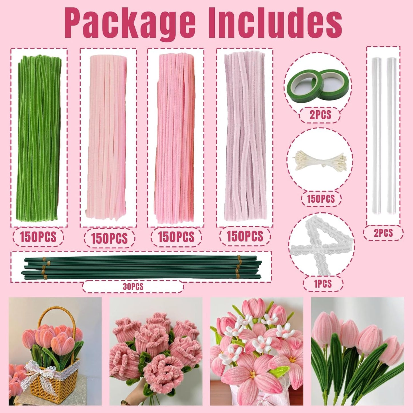 600 Pcs Pink Pipe Cleaners Craft for Flowers,Multiple Assorted Colors Pipe Cleaners Bulk, Chenille Stems for DlY Flower Making Kit.Pink Pipe Cleaners Craft Set(Pink)