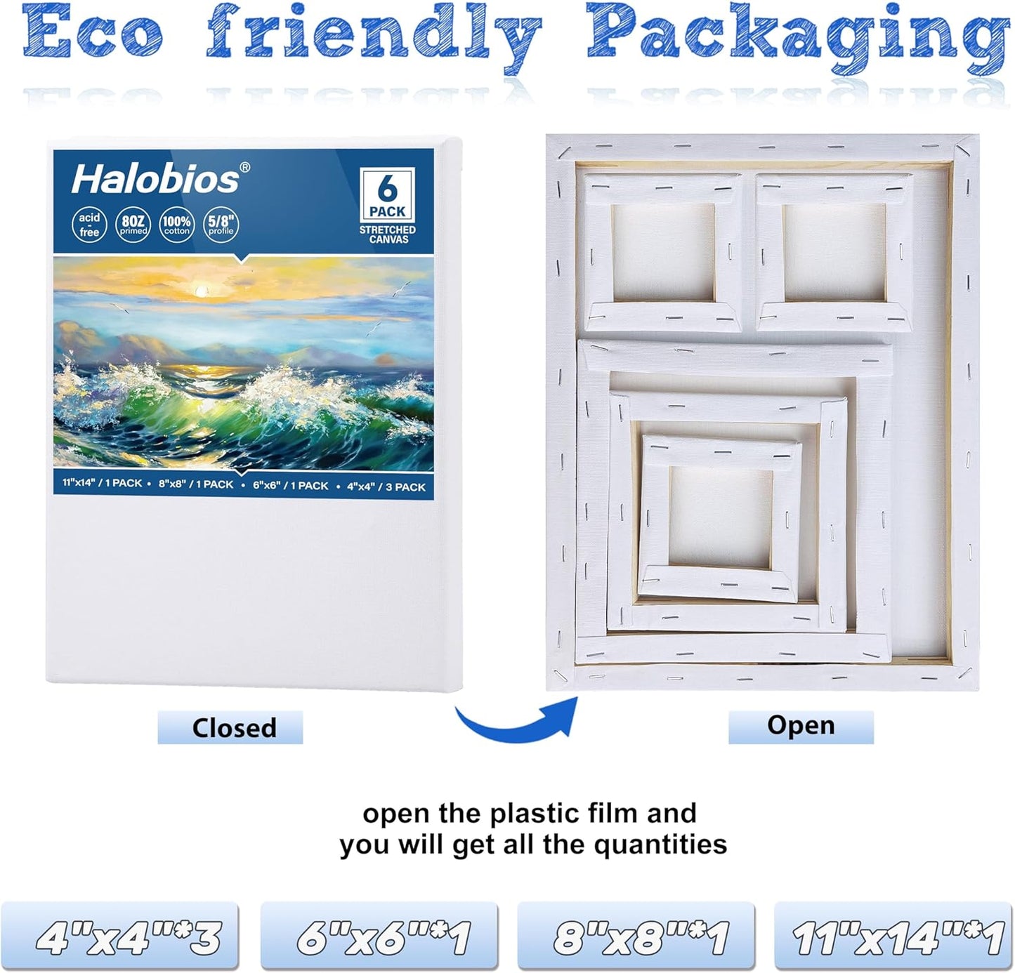 6 Packs Stretched Canvases for Painting with 4x4 Inch, 6x6 Inch, 8x8 Inch, 11x14 Inch, Painting Canvases for Acrylics,Oils & Other Media, 5/8 Inch Profile 100% Cotton Artist Framed Canvas