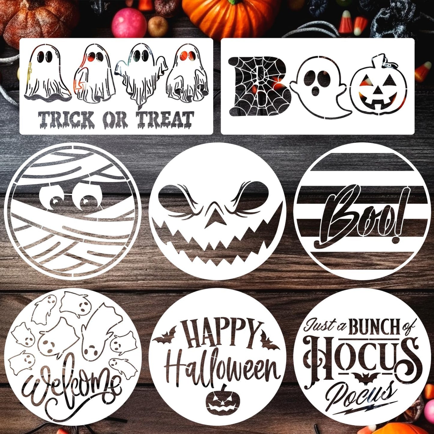 Halloween Stencils for Painting 12inch Large Reusable Halloween Stencil for Door Hanger Round Skeleton Ghost Boo Templates for Wood Walls Windows Door Mat Fabric