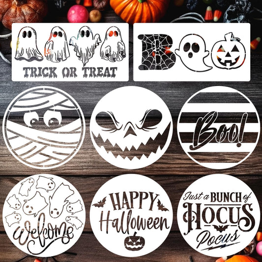 Halloween Stencils for Painting 12inch Large Reusable Halloween Stencil for Door Hanger Round Skeleton Ghost Boo Templates for Wood Walls Windows Door Mat Fabric