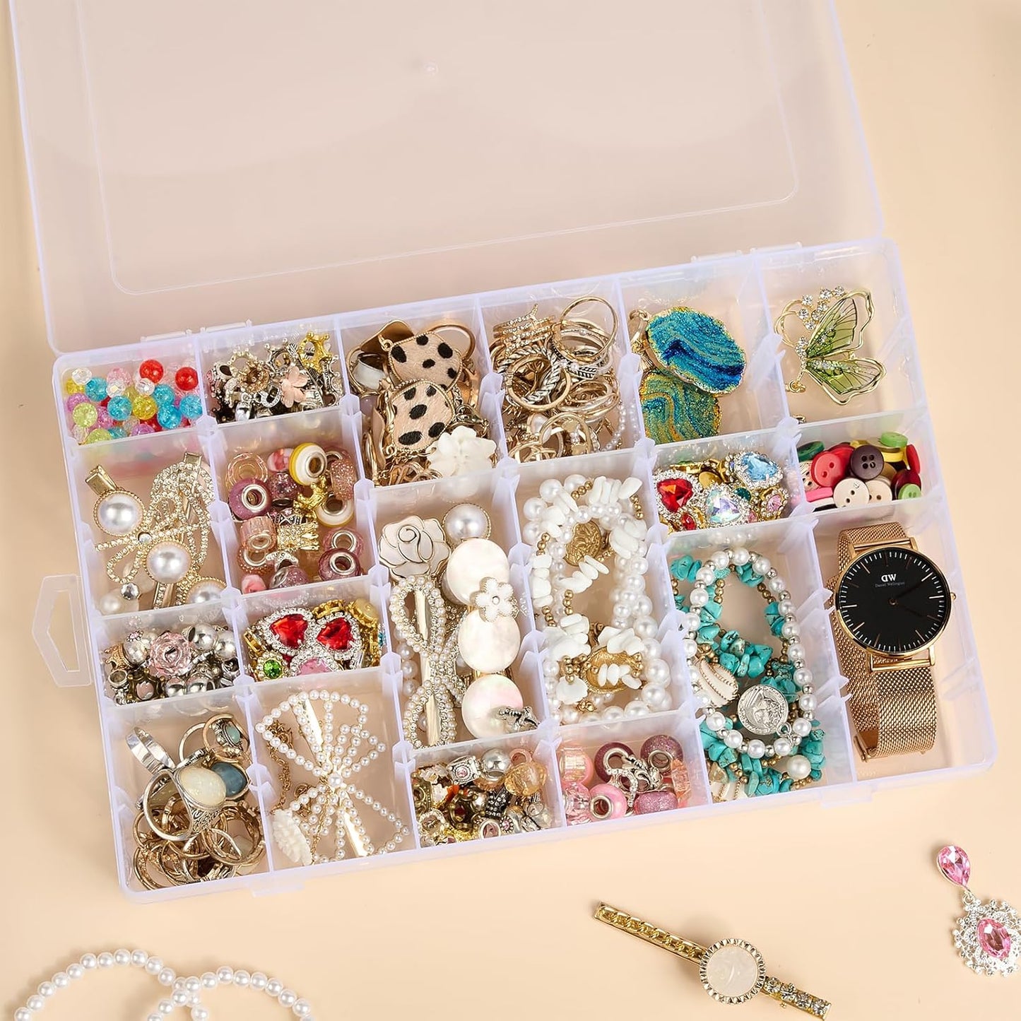 36 Grids Large Plastic Organizer Box with Adjustable Dividers, Clear Compartment Storage Container Tackle Box with Label Stickers for Beads, Crafts, Jewelries, Tools