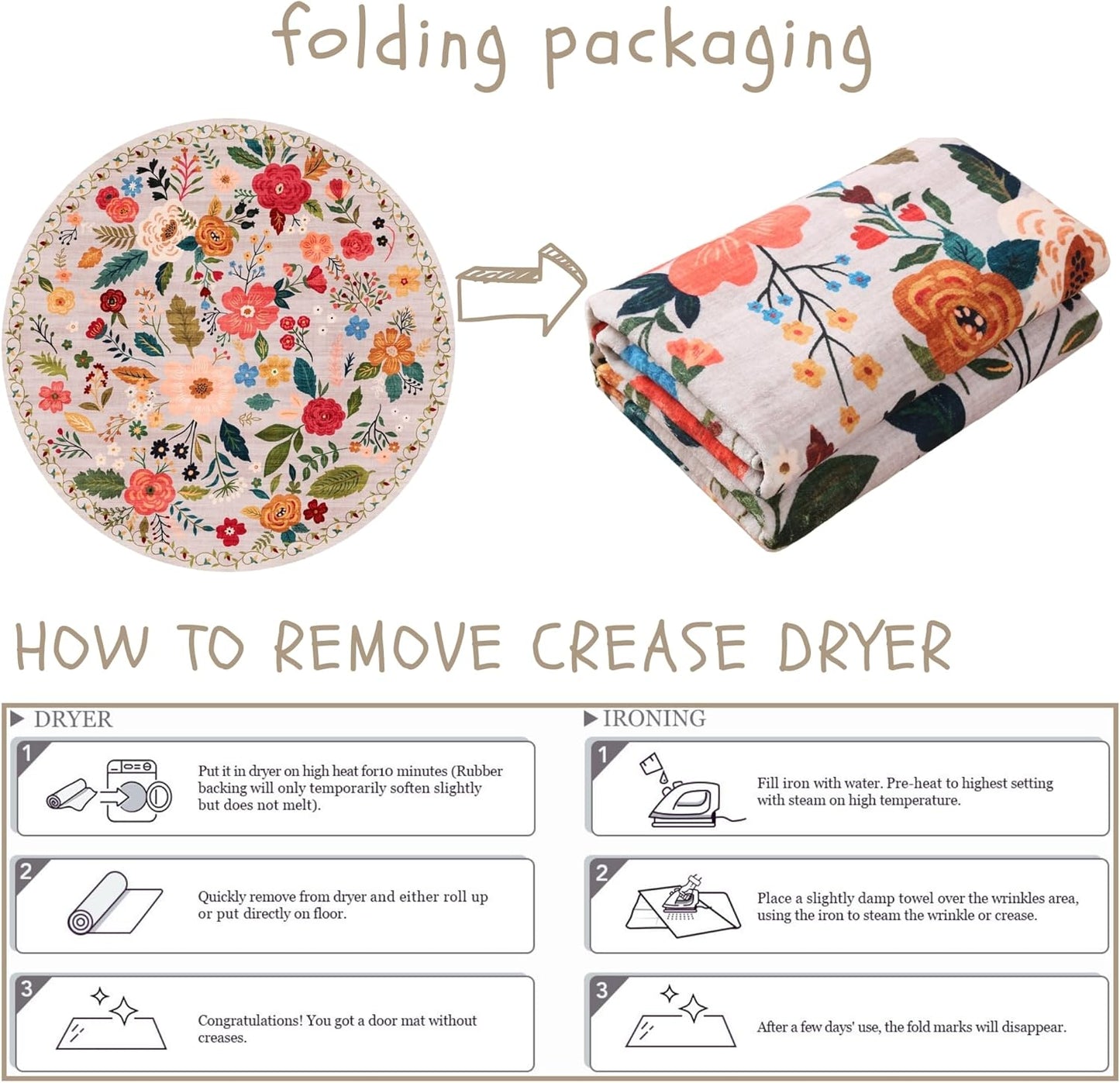 Rugcomf Round Rug 6ft Washable Circle Rug Non Slip Low Pile Boho Floral Small Circular Rug for Bedroom, Bathroom, Entryway, Kids Room, Office, College Dorm(Beige)