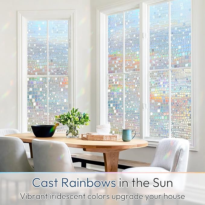 rabbitgoo Window Privacy Film Rainbow Window Film, Mosaic Decorative Stained Glass Cling, Removable Static Cling Tint UV Blocking, Non-Adhesive Privacy Covering, 35.4 x 118.1 inches
