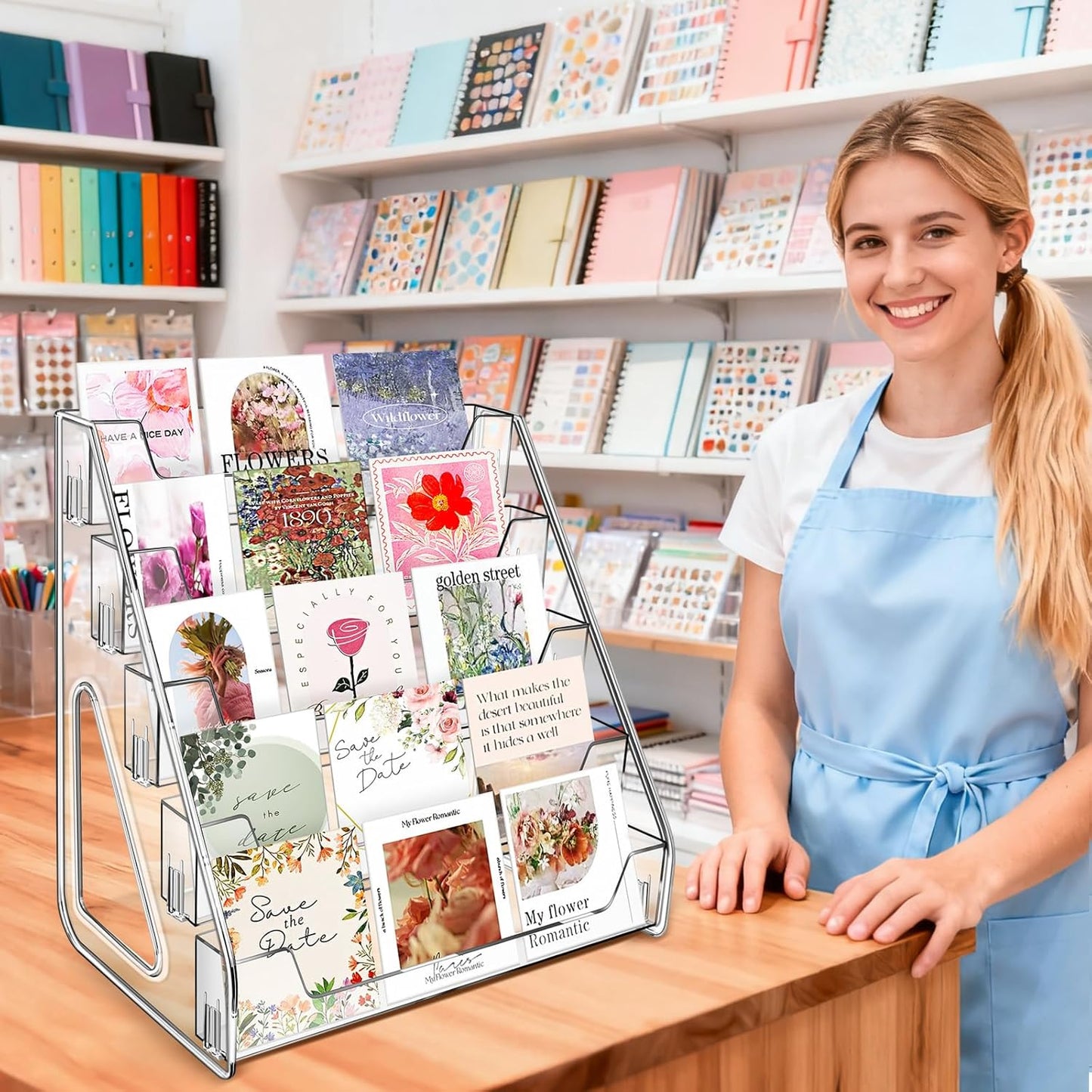 Tall 5-Tier Acrylic Card Display Stand for Greeting Cards, Sports Cards, Postcards, Stickers & Brochures, Easy Snap-On Sticker Display Rack