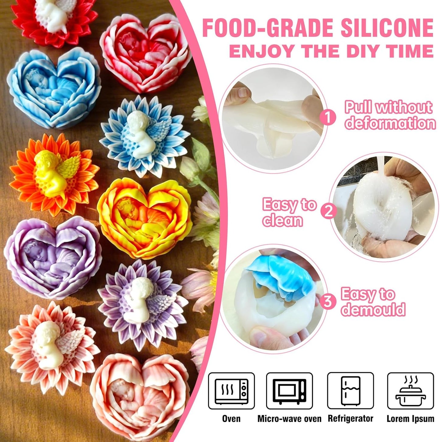 JDH 2PCS Flower Candle Molds,Heart Rose Candle Mold,3D Angel Baby in Sunflower Silicone Mold soap Silicone Molds for Home Decor Mother's Gift Baby Shower Wedding Decor