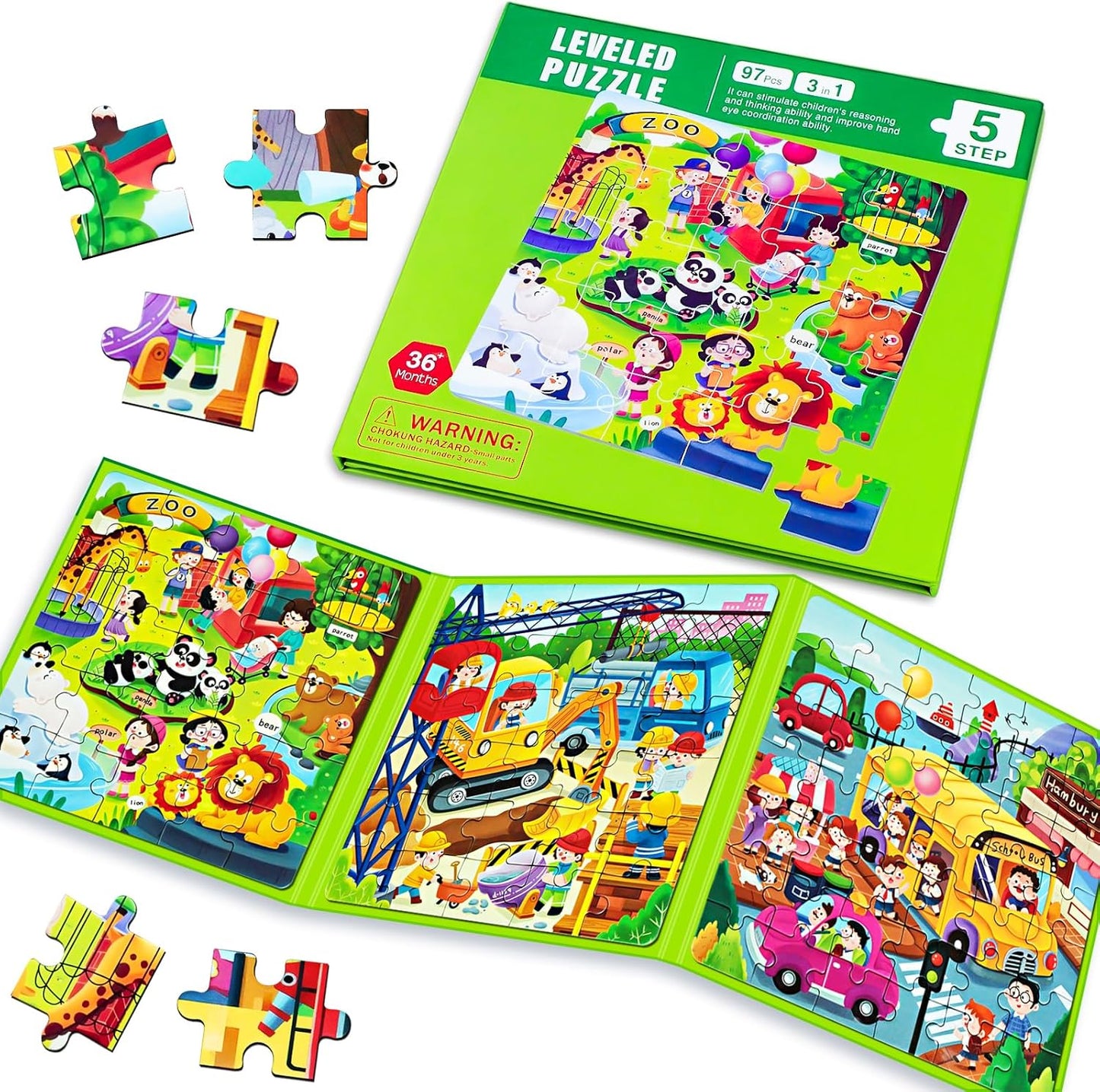 Magnetic Puzzles for Kids Ages 4-8, 3 in 1 Cartoon Jigsaw Puzzle Book, Toddlers Travel Puzzles Toys, Preschool Learning Toy for Children 3-8 Year (Green Zoo)