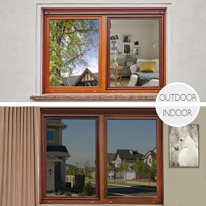 HIDBEA One Way Privacy Window Film, Daytime Mirror Reflective Heat Control UV Sun Blocking Non-Adhesive Static Cling Window Tint for Home and Office(Black-Silver, 41.3 Inch x 13.1 Feet)