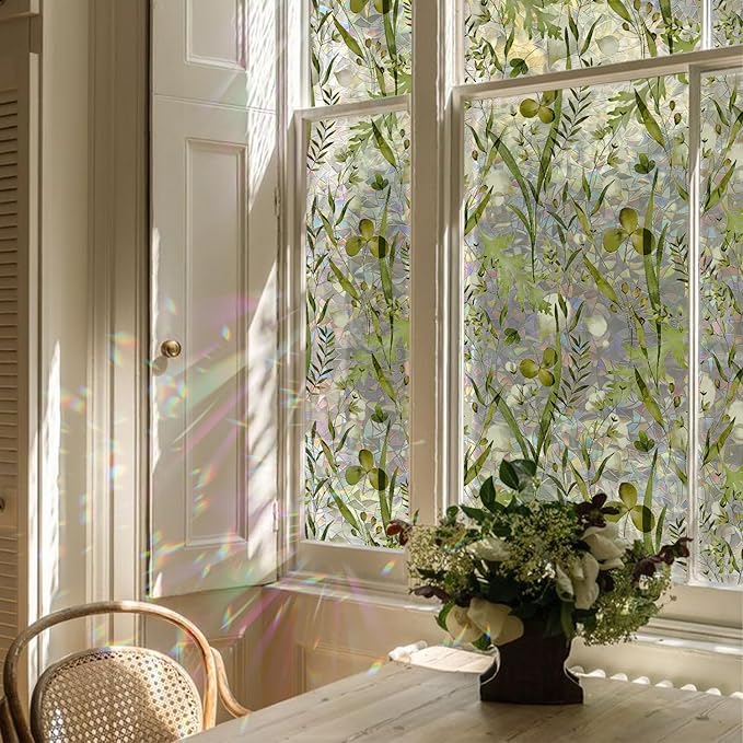 Rainbow Watercolor Green Leaves Window Film, Privacy Iridescent Static Cling Double-Sided Decals for Window Door Glass Decor, Herbs, 118.11" x 16.93"