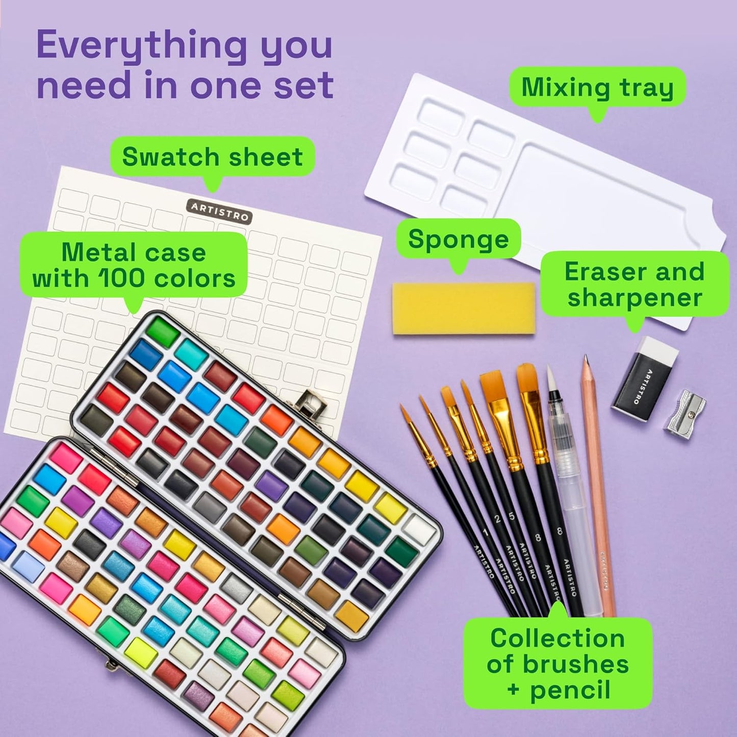 ARTISTRO 100 Watercolor Paint Set, Vivid Colors in Portable Box, Palette set. Perfect Travel Watercolor Set for Artists, Amateur Hobbyists and Painting