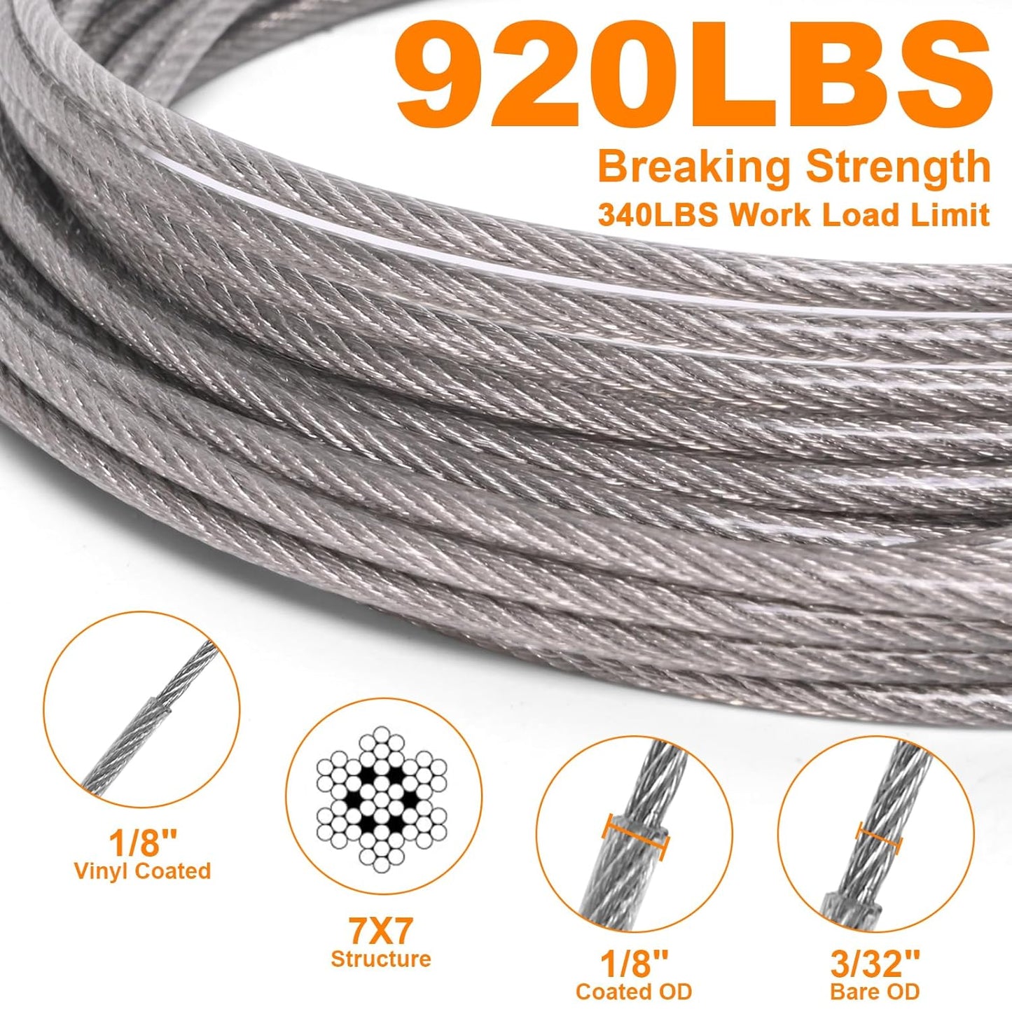 250FT 1/8" Wire Rope Kit, Vinyl Coated 304 Stainless Steel Wire Cable, 7x7 Strands 920LBS Breaking Strength, M5 Turnbuckle for Cable Wire, String Light Hanging Kit for Outdoor, Garden, Clothesline