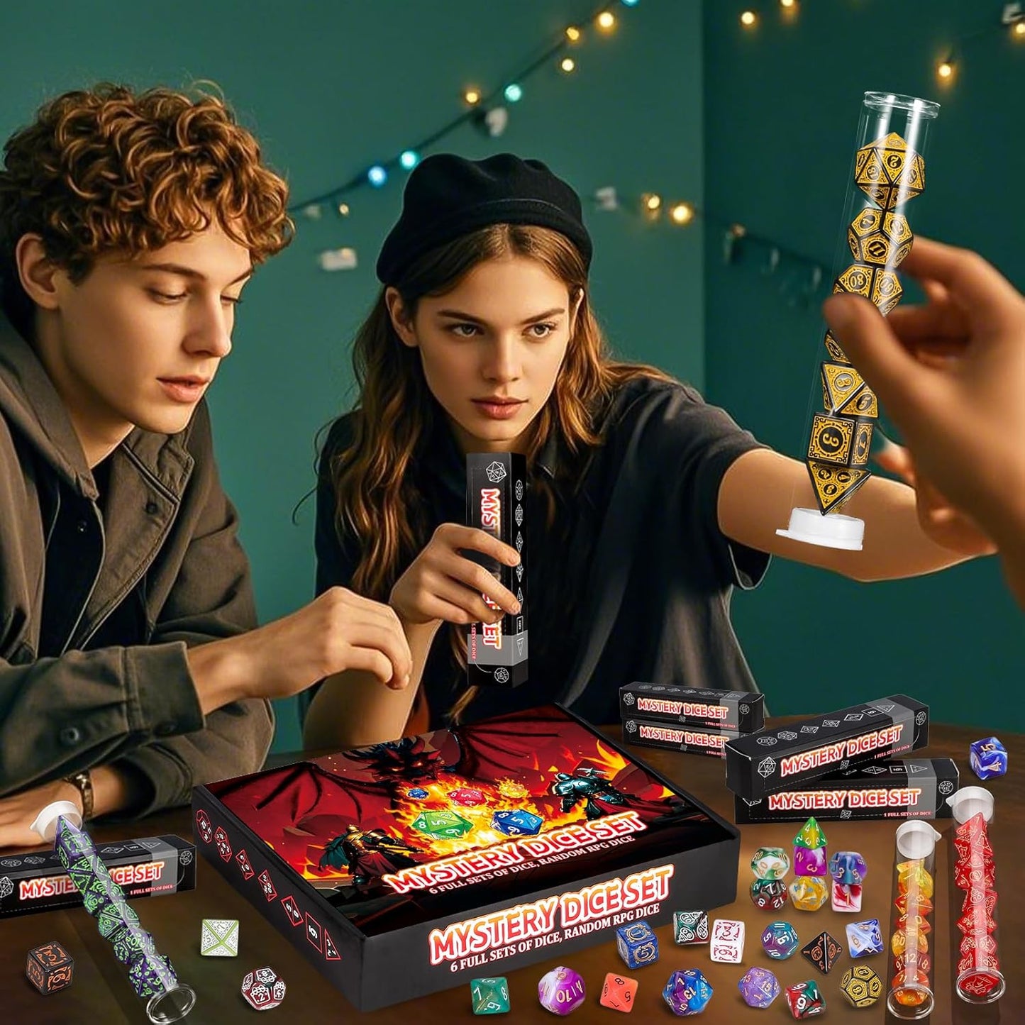 QMAY Mystery Dice Box - 48PCS DND Dice Set, Random Dice Patterns, 6 Surprise Boxes, Polyhedral Dice with Dice Display Tube, D&D Gifts Box for Dungeons and Dragons, RPG, MTG,Role Playing Table Game