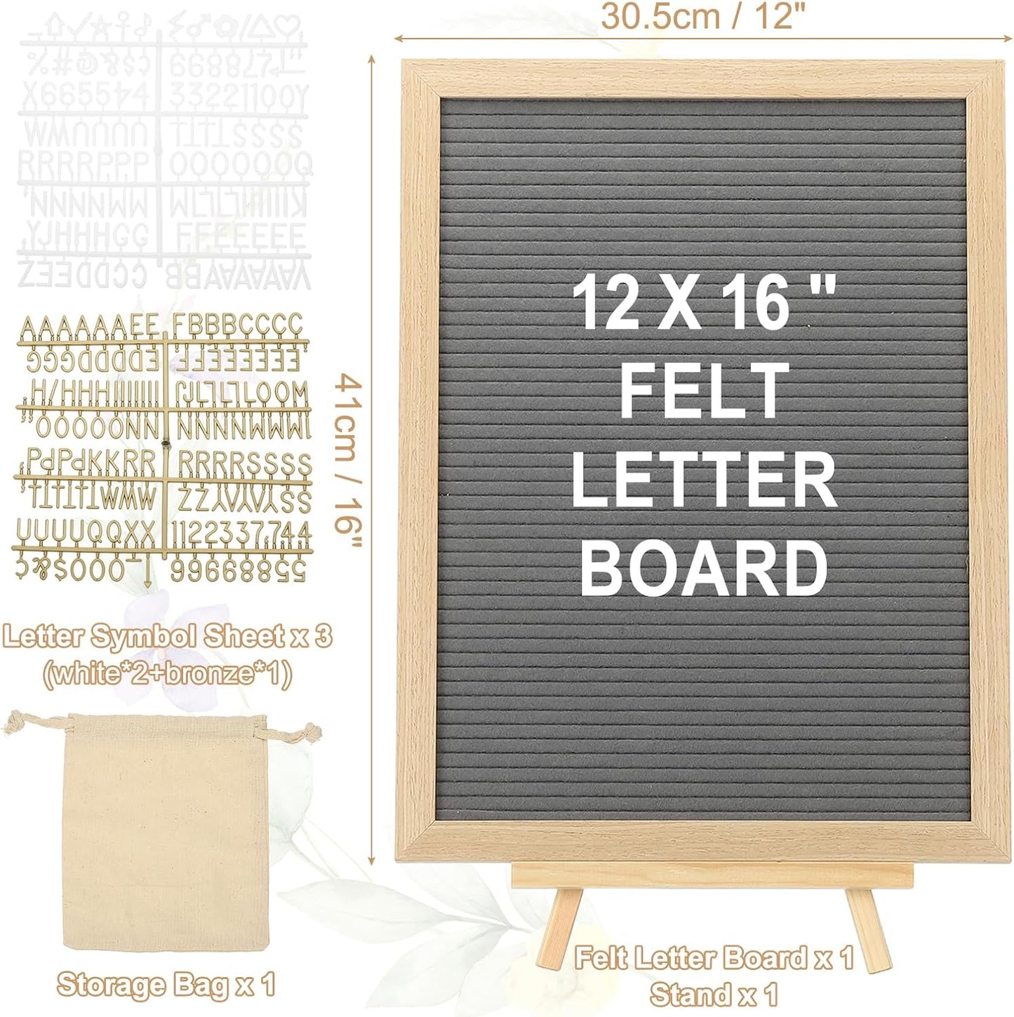 PATIKIL Felt Letter Board, 12x16Inches Gray Wooden Changeable Message Board with Storage Bag Stand for Kitchen Menu Classroom Farmhouse Decor Notes, White Bronze Letter