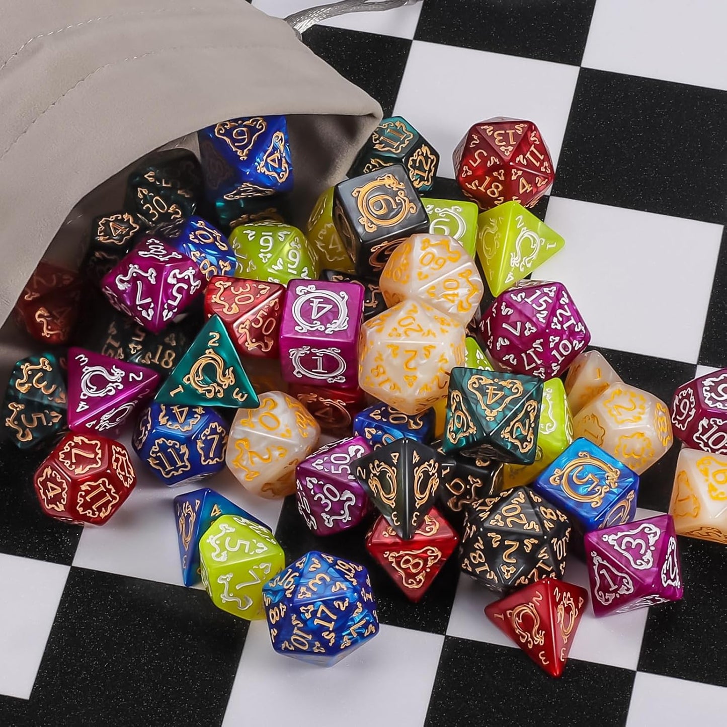 CiaraQ DND Dice Sets - 49pcs Polyhedral Dice, 7 Sets D&D Dice with Pouches, D4 D6 D8 D10 D% D12 D20 Dice for Dungeons and Dragons DND RPG MTG Table Games