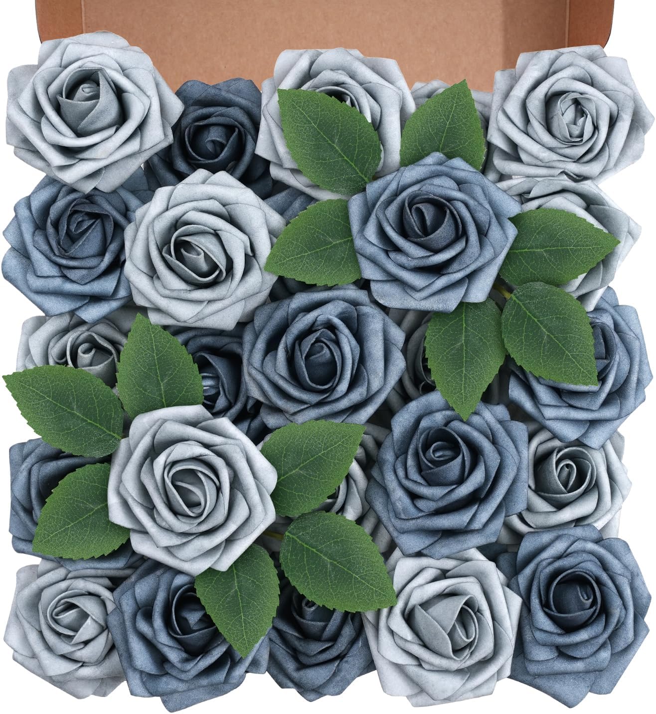 Artificial Flowers Foam Fake Roses 25pcs Series Blue Colors Roses with Stems for Home Decor DIY Wedding Bouquets Party Bridal Shower Centerpieces Faux Flower Arrangements Tables Decorations