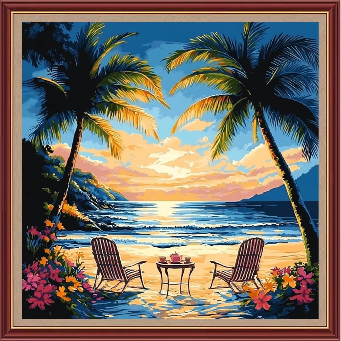 DMCXART Counted Cross Stitch Kits for Adults Needlepoint Kits Unprinted Cross Stitching Embroidery Kit 11CT Cross Stitch Supplies-Drinking Tea at Sunset by Seaside 18x18 inch
