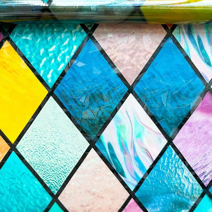 Colorful Stained Glass Window Film 3D Prism Sliding Door Privacy Covering Static Cling Church Tint Decorative Suncatcher Cover Decal No Glue Heat Cotrol Anti Glare Removable Home Office,35x157in.