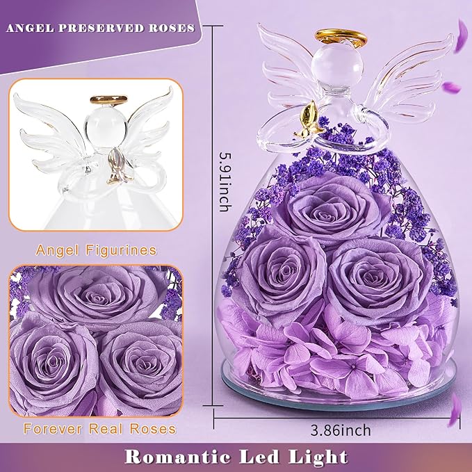 Beferr Valentines Day Rose Gifts for Her Women Mom Gifts for Birthday, Fresh Flowers for Delivery Forever Preserved Rose in Glass Angel Figurine, for Grandma Wife Daughter Girlfriend