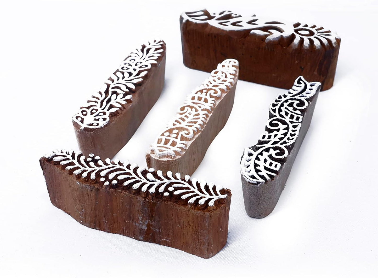 Hashcart | Set of 5 | Mehndi Print Blocks Border Pattern Wooden Stamp, Handcarved Indian Textile Printing Blocks for Crafting on Fabric Clay & Henna Tattoo Saree Border Paper Print Pottery Stamps