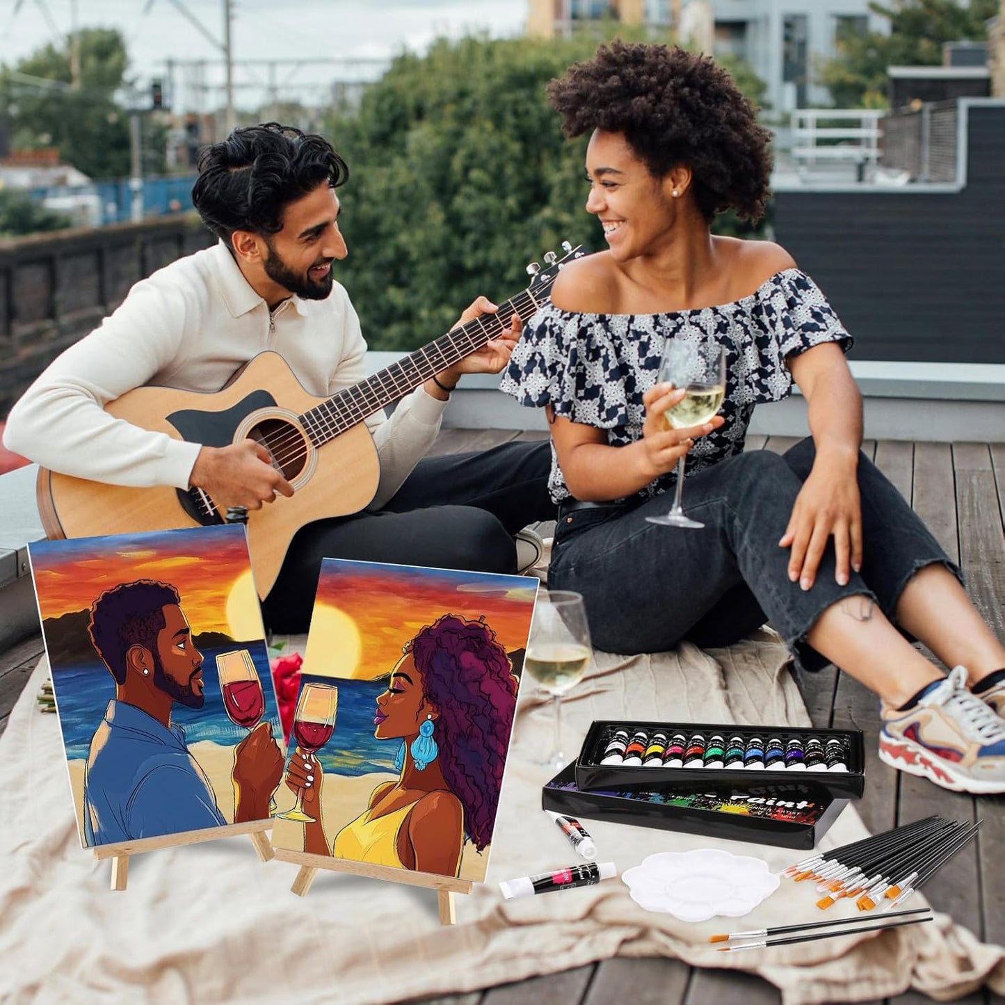 Cholemy 36 Pcs Paint and Sip Kit for Adults 8''x10'' Pre Drawn Canvas for Painting DIY Afro Acrylic Painting Kit Wood Easel Brushes Date Night Bulk for Christmas Party Gifts(Couple)