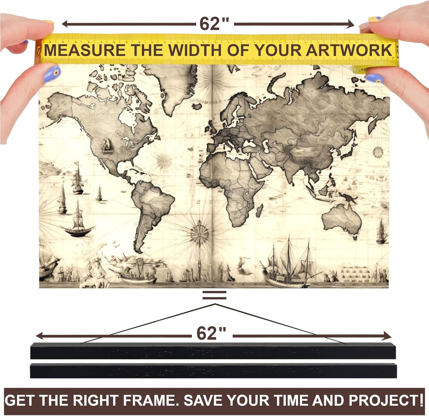 DACRI HOME 62" Magnetic Poster Hanger Frame - Sturdy Teak Wood Poster Frame, Strong Magnets for Safe Hanging Map Picture Print Scroll Wall Art 62x24 62x36 62x42 (62 Inch, Black)