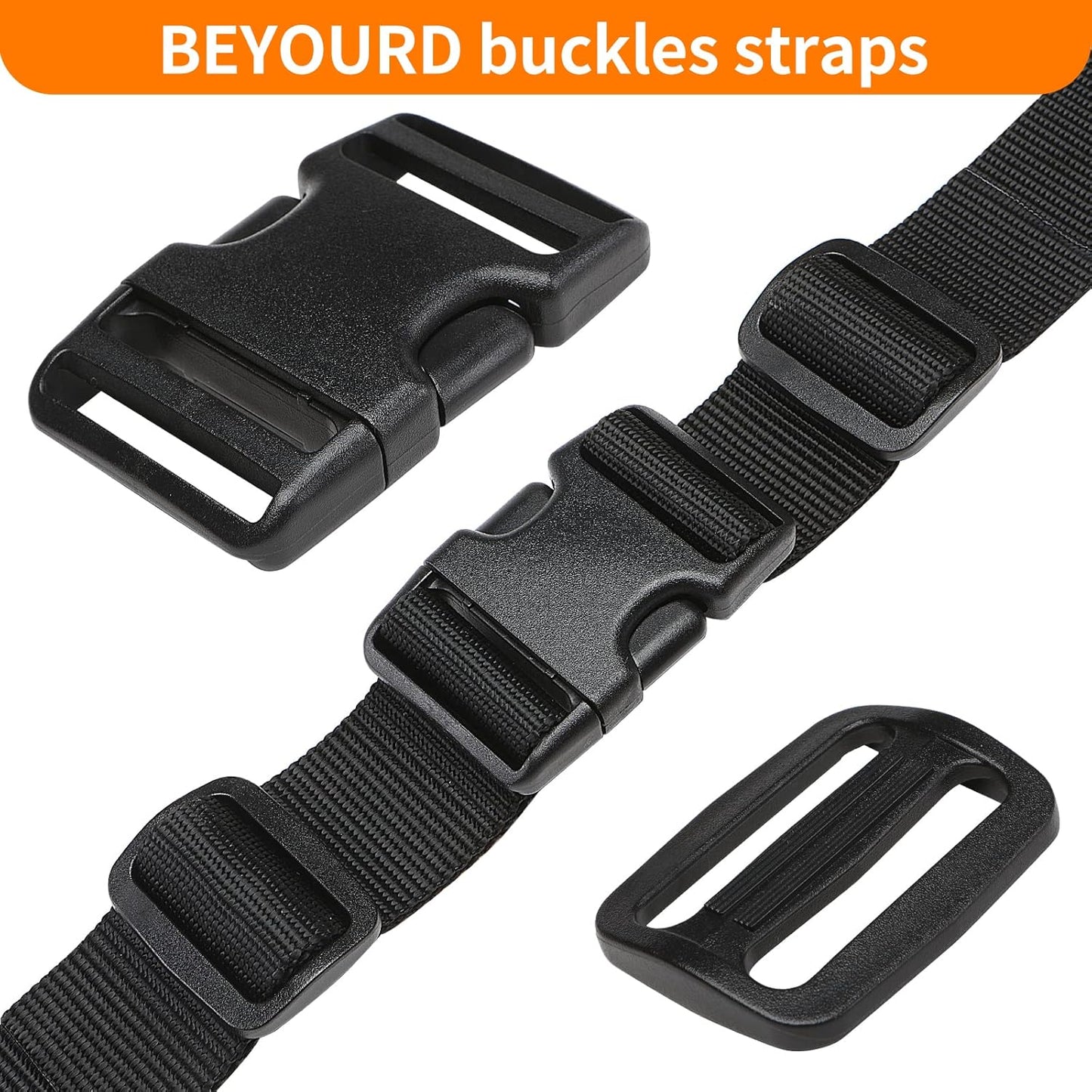 Heavy-Duty Buckles and Strap Set 1-1/2": 6 Yards of Thick Nylon Webbing, 6-Pack Adjustable Quick Side Release Plastic Buckles, 12 Tri-Glide Slide Clips, Black (1-1/2" Combo Set)