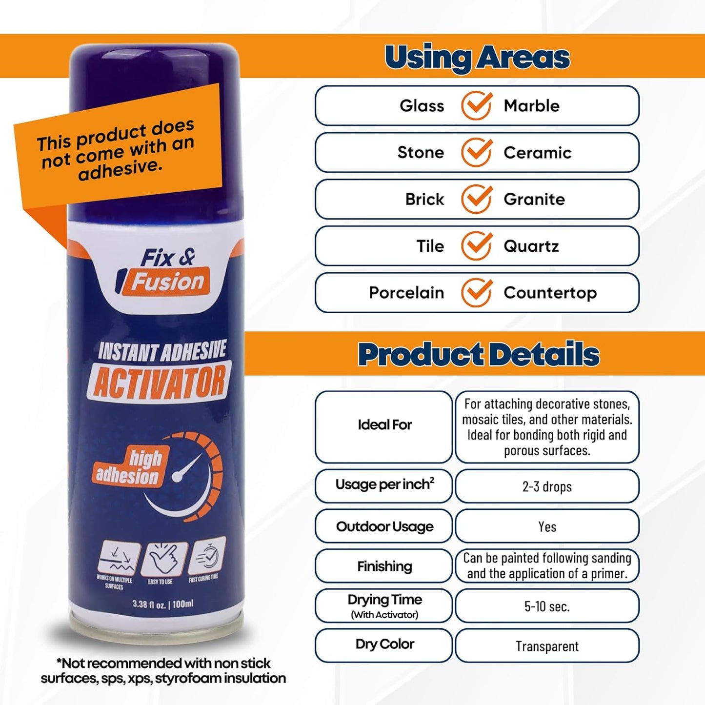 FIX & FUSION Activator Spray (3.38 Fl Oz), Instant Cure Accelerator for Cyanoacrylate (CA) Super Glue for Wood, Plastic, Rubber, Granite, and DIY & Professional, Accelerates Bonding Strength, (6 Pack)