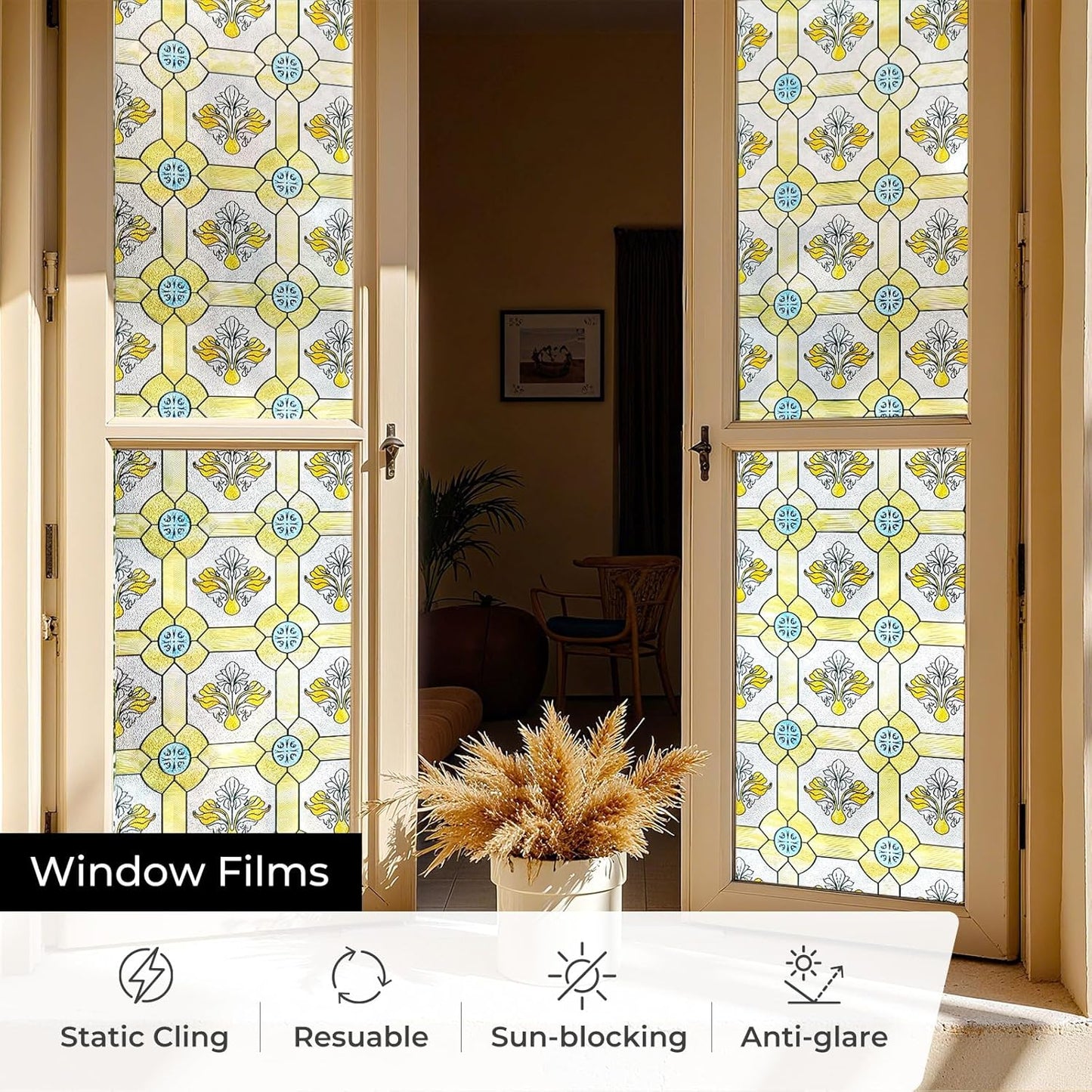 3D Stained Glass Window Film, Decorative Window Privacy Film for Bathroom,Front Door,Home, Sun Blocking Heat Control,Static Cling,23.6inch x 35.4inch Gilt Glazed Flowers