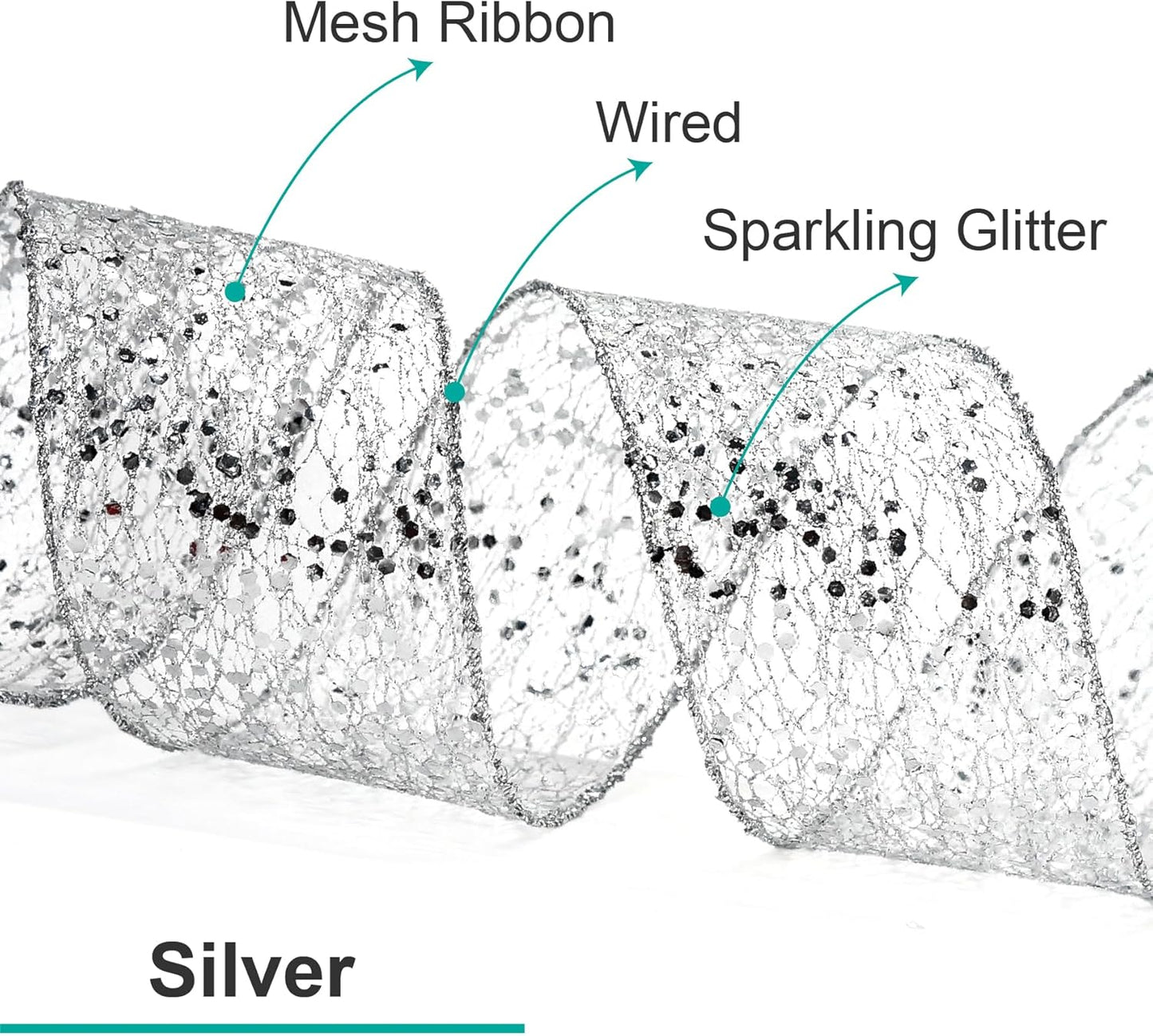 CT CRAFT LLC Sparkling Glitter Mesh Wired Ribbon 6" x 10 Yards Silver for Christmas Home Decor Bow Gift Wrapping DIY Crafts Wreath